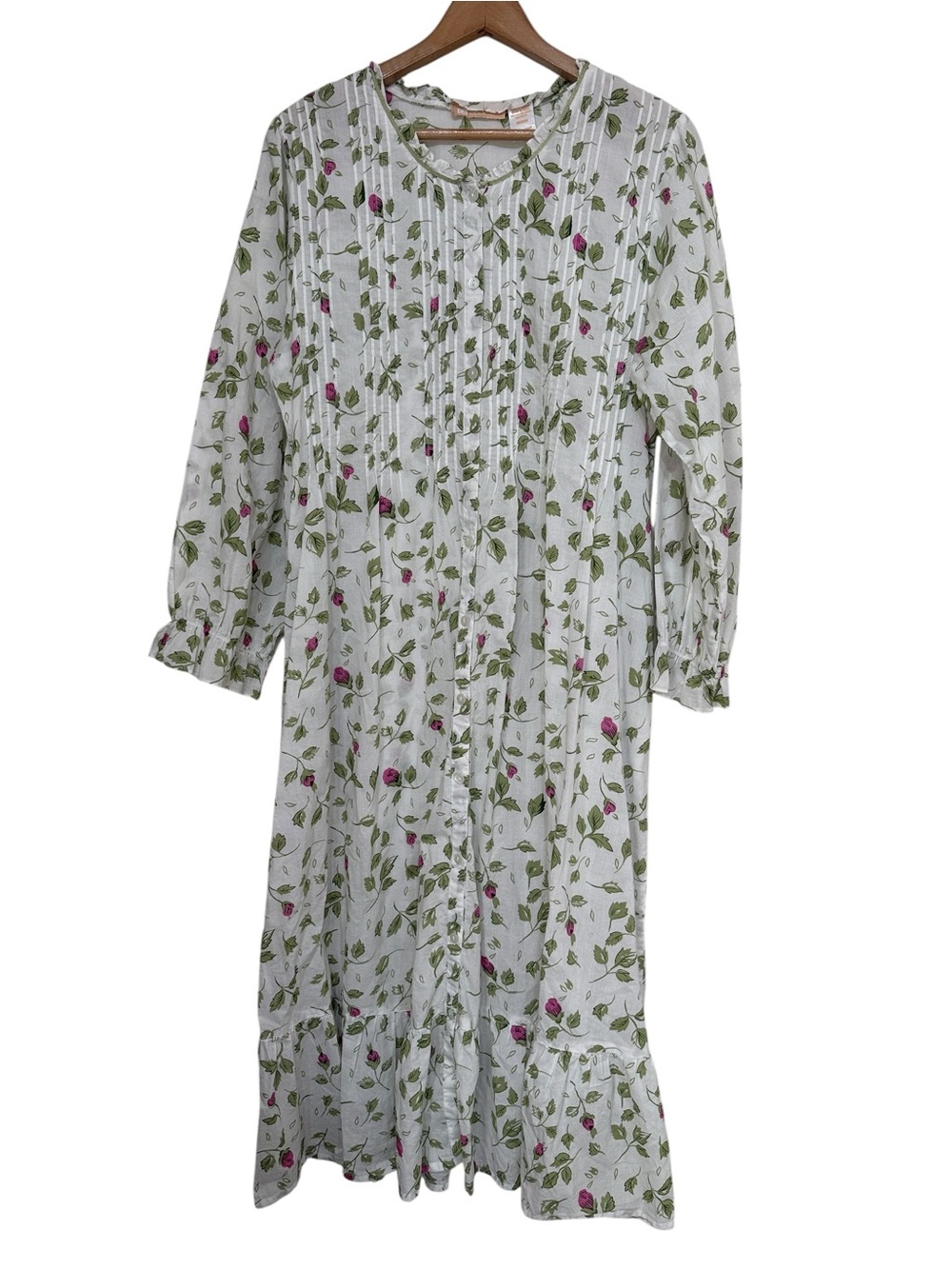 La Cera Floral Cotton Nightgown Medium Sleep Dress Pockets Pintuck Rose Print